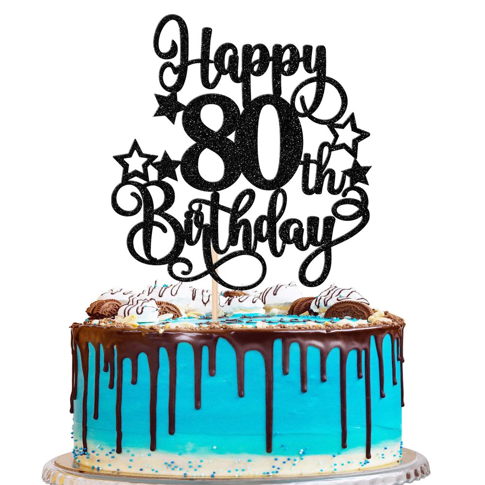 1 PCS Happy 80th Birthday Cake Topper Glitter Cheers to 80 Years Birthday Cake Pick Hello 80 Fabulous Cake Decoration for Happy 80th Birthday Anniversary Party Decorations Supplies Black