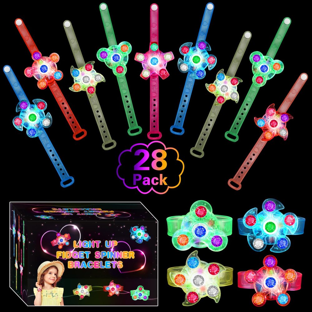 28 Pack LED Light Up Fidget Spinner Bracelets, Halloween Party Favors for Kids 4-8 8-12 Glow in The Dark Party Supplies Treasure Box Toys for Class Birthday Gifts Xmas Stocking Stuffers for Teens