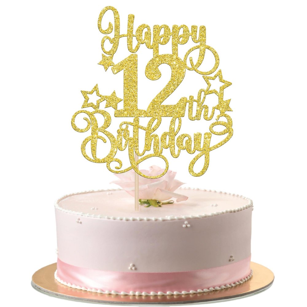 1 PCS Happy 12th Birthday Cake Topper Glitter Cheers to 12 Years Birthday Cake Pick Hello 12 Fabulous Cake Decoration for Happy 12th Birthday Anniversary Party Decorations Supplies Gold