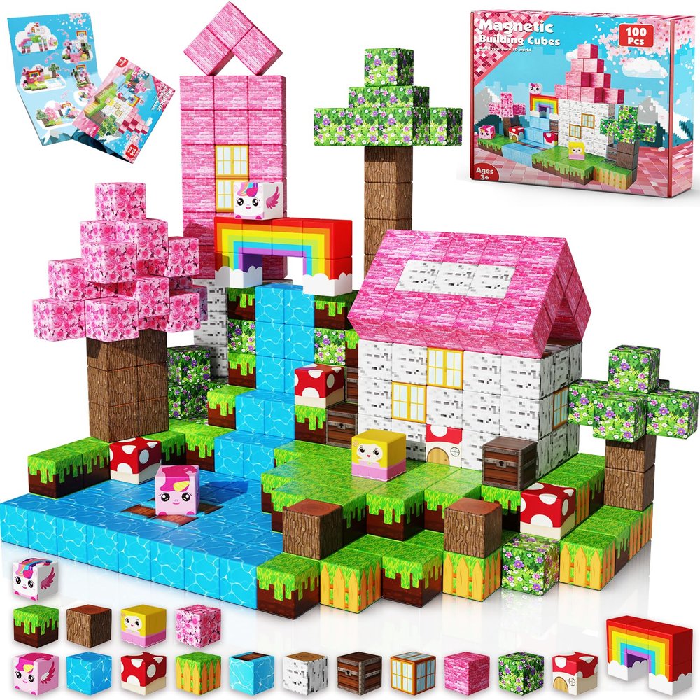 Goody King Magnetic Blocks|100PCS Magnetic Building Cubes,Unicorn Magnet Cubes for Kids Age 3 4 5 6 7 8 9 10, STEM Montessori Stacking Toy, Sensory Tiles Building Christmas