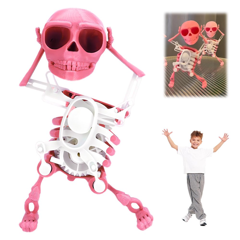 Atlodas Skeleton Dancing and Swinging Clockwork, 3D Printing Dancing Skull Toy Swing Skeleton Figurine Desktop Ornaments Halloween Decorations (Pink)