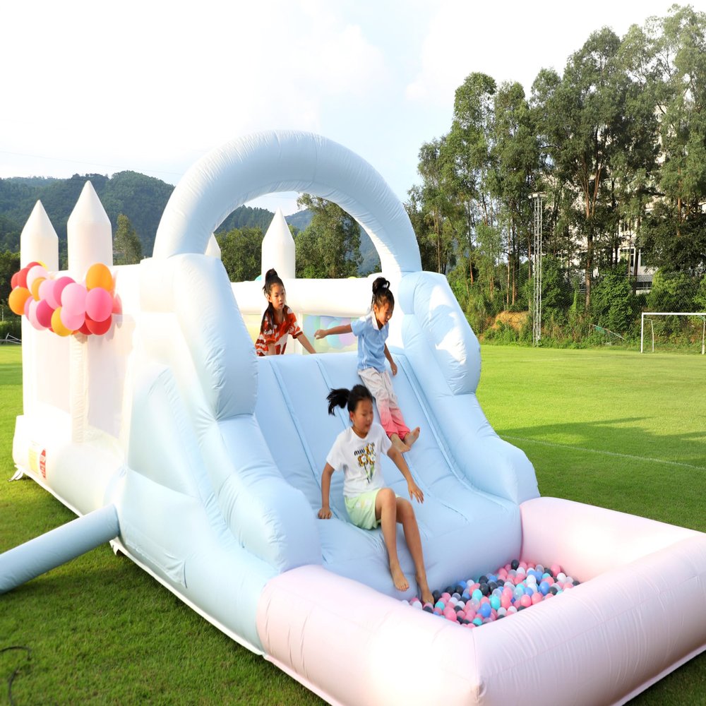 25FT White Bounce House for Adults Kids, 100% PVC Commerial Inflatable Obstacle Course Bounce House with Slide Ball Pit, Water Bounce House with Water Slides Blower, Dreamy Macaroon 25x9x9FT