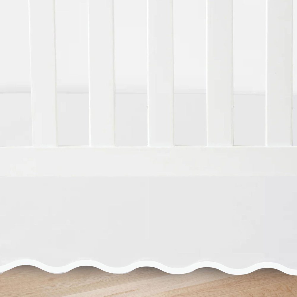 100% White Cotton Sateen Crib Skirt Scalloped Hem with Split Corners ; 4-Sided Skirt fits Around The Entire Crib (White, 28"x52"+ Drop 8'' INCH)