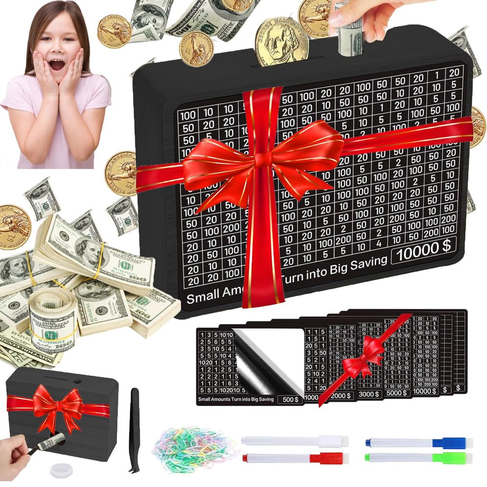 10000 Wooden Money Saving Box No Install Required Cash Vault Wooden Money Saving Box Piggy Bank,Kids Adults Boys and Girls Budgeting and Savings Goals Coin Bank for HNY Xmas Gift(8 Target Black)