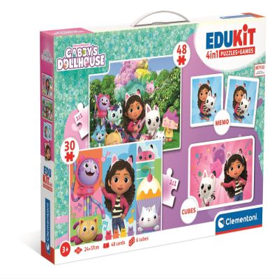 Clementoni Edukit 4-in-1 Gabby's Dollhouse Game Collection for Preschool Children from 3 Years - Includes 2 Puzzles, Memo Game & Cube Puzzle, 18319