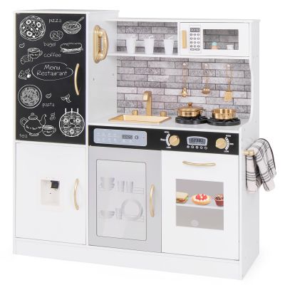 Costzon Kids Kitchen Playset, Large Wooden Chef Cooking Toy Set w/Real Sounds & Lights, Microwave, Blackboard, Oven, Ice Maker, Dishwasher, Play Phone, Utensils, Play Kitchen for Kids Ages 3+