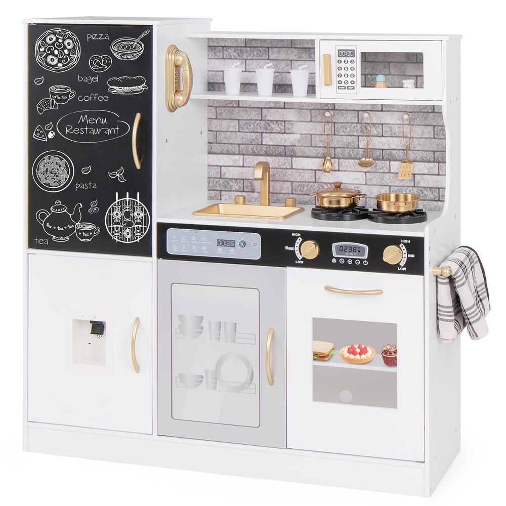 Costzon Kids Kitchen Playset, Large Wooden Chef Cooking Toy Set w/Real Sounds & Lights, Microwave, Blackboard, Oven, Ice Maker, Dishwasher, Play Phone, Utensils, Play Kitchen for Kids Ages 3+