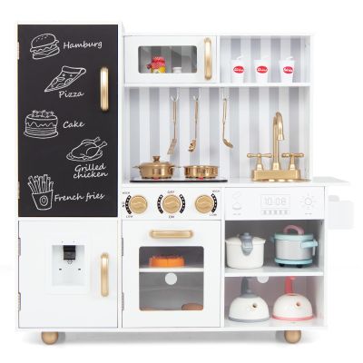 Costzon Play Kitchen for Kids, Wooden Toy Kitchen Set with Stoves, Microwave, Blackboard, Water Dispenser, Cooking Accessories, Kids Kitchen Playset with Sounds & Lights, Gift for Boys Girls Ages 3+