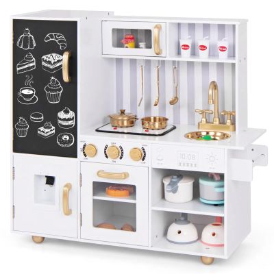 HONEY JOY Kids Kitchen Playset, Wooden Little Chef Pretend Play Kitchen Set w/Chalkboard & Water Dispenser, Lighted Stove, Storage Cabinet, Utensils, Play Kitchen for Toddlers, White + Golden