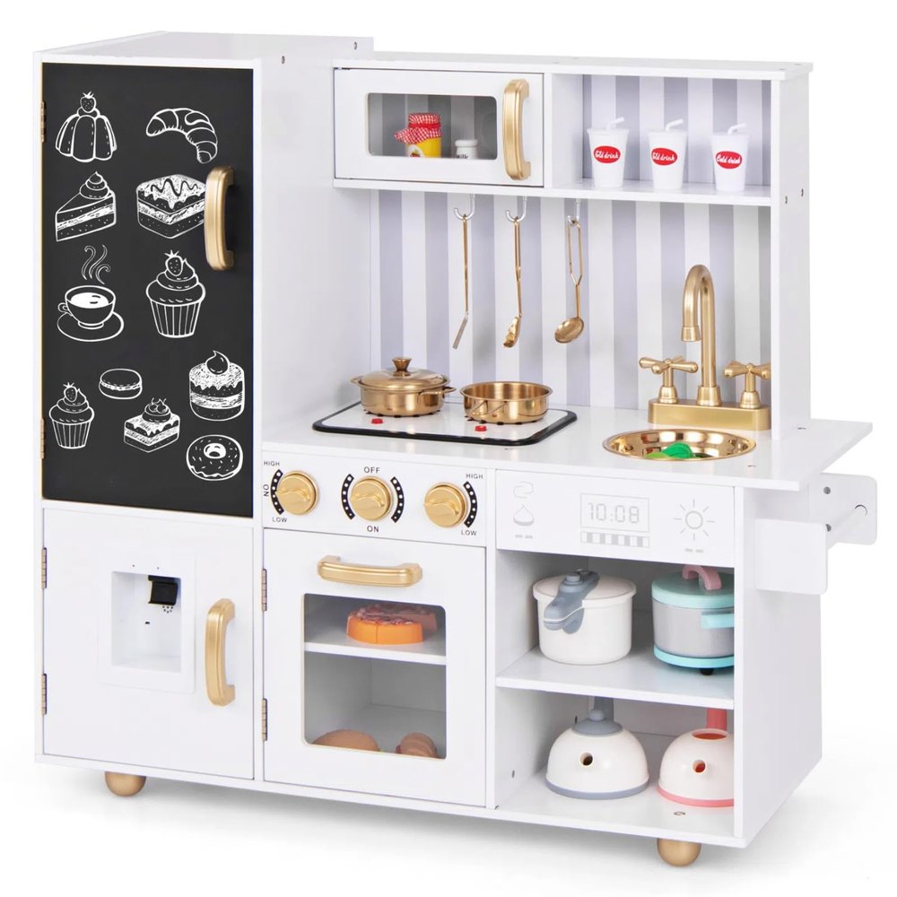 HONEY JOY Kids Kitchen Playset, Wooden Little Chef Pretend Play Kitchen Set w/Chalkboard & Water Dispenser, Lighted Stove, Storage Cabinet, Utensils, Play Kitchen for Toddlers, White + Golden