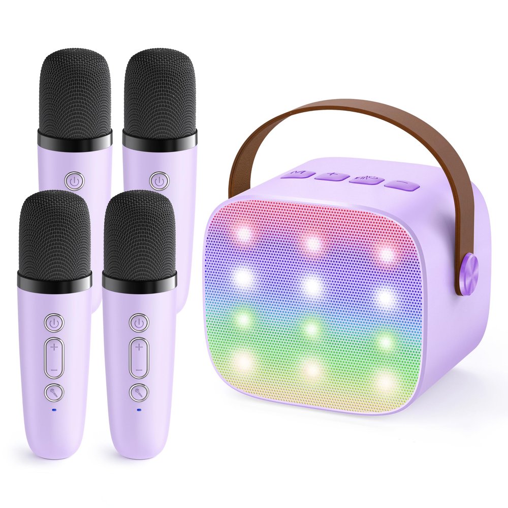 YLL Upgraded Mini Karaoke Machine with 4 Wireless Microphones Toy for Kids, Birthday Gifts for Girls Boys, Portable MP3 Player for Ages 3, 4, 5, 6, 7, 8, 9, 10, 11, 12+ Year Old Party (Purple)