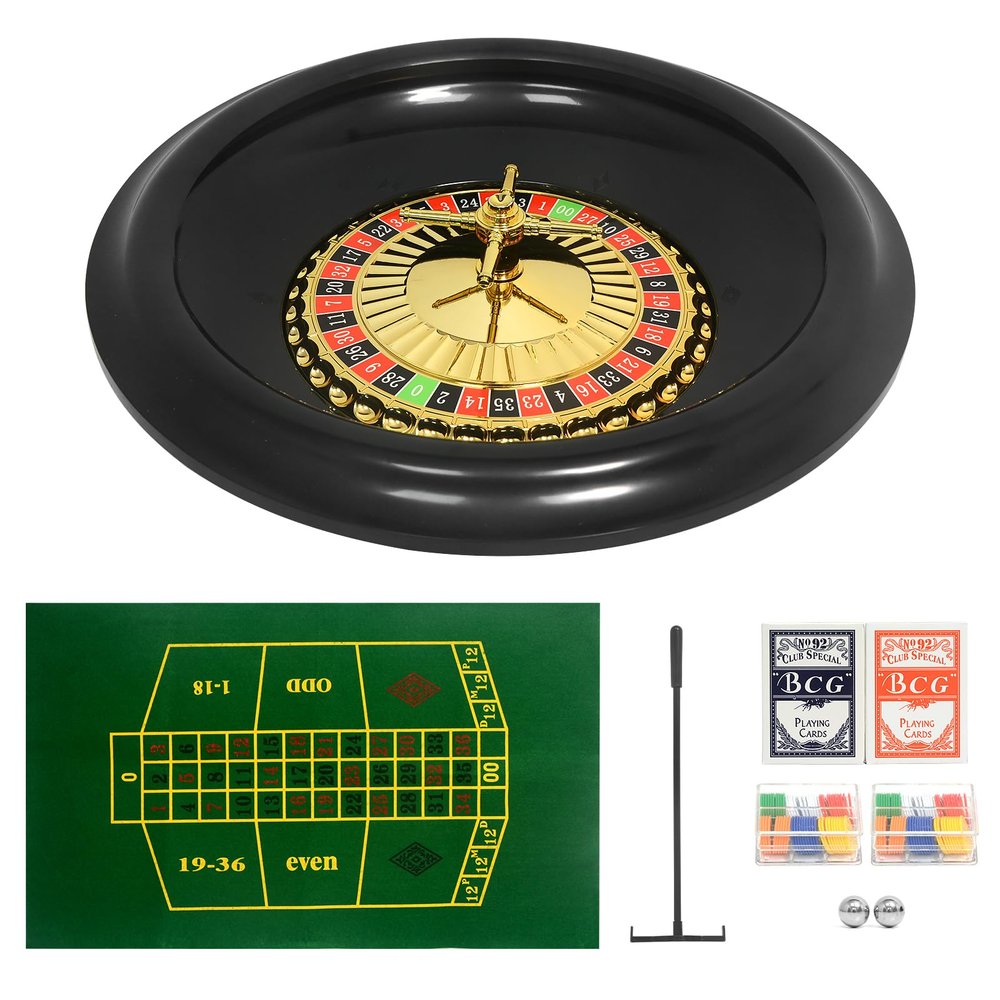 SODFAS Roulette Wheel Game Set Casino Game Set with 120 Chips, 2 Pairs of Poker,Game Double-Edged Table Mat,Roulette Wheel,Rake,Roulette Balls for Roulette & Texas Hold'em (16 Inch)