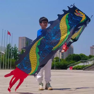 BMPAALN Dragon Ribbon Streamer, Dragon Dance Ribbon Streamers Student Flinging Poi/Dancer, Body Exercise Shake Flag Kite with Dragon Head Props, Ribbon Scale(Black,5 m(16.4ft))