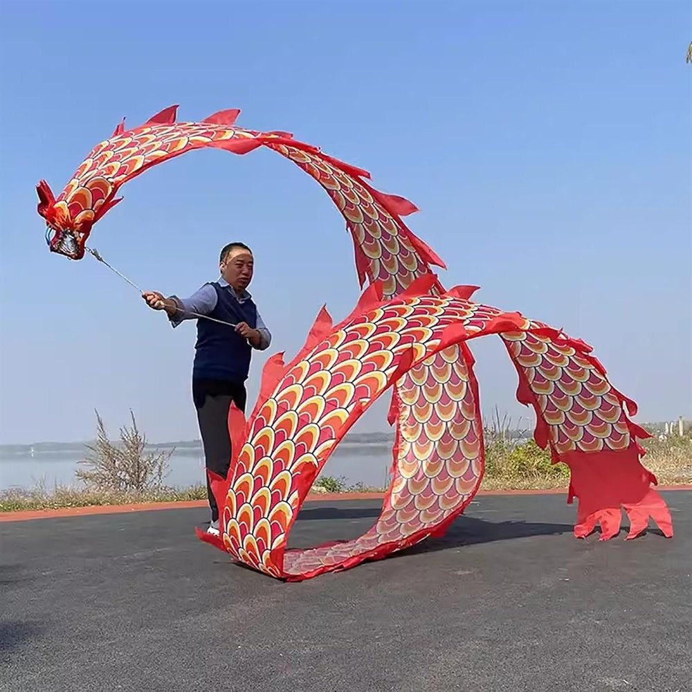 BMPAALN Dragon Ribbon Streamer, Dragon Poi Dragon Dance Rhythmic Silk Ribbon Flag, Rhythmic Gymnastics Kite Juggling Games, Spinning Washable Dragon Flow Poi(6M(19.6FT)), Red