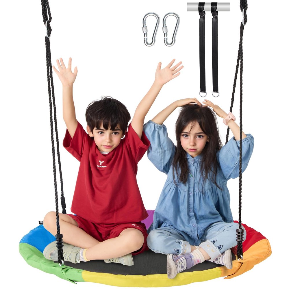 750lbs Weight Capacity, 40 Inch Saucer Swing, 900D Oxford Fabric Swing Seat with 2 Tree Hanging Straps and Adjustable Multi-Strand Ropes, Round Swing for Kids Outdoor, Multicolor