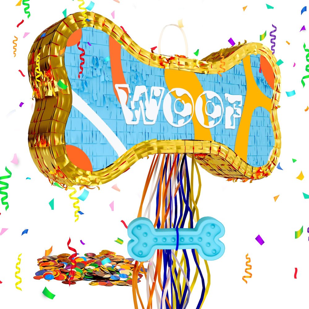 MUWOOB Dog Bone Pinata for Puppy Birthday Party Decorations, Pull String Pinata for Dog Themed Party Supplies, Golden and Blue Bones (16.5 x 9 x 3 inches)