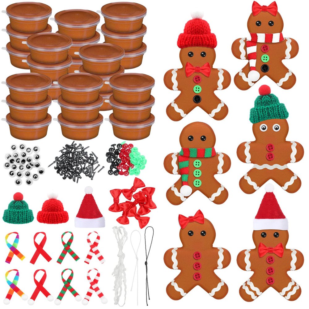 Shappy 24 Pack Christmas Gingerbread DIY Craft 255 Pcs Build Gingerbread Craft Kit Christmas Decoration Air Dry Modeling Clay for Winter Party DIY Gift Indoor Outdoor Holiday Decoration