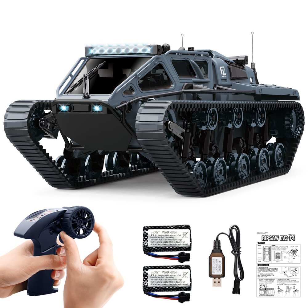 Mostop RC Tank Car, 1:16 Scale 2.4Ghz Remote Control Crawler High Speed Tank, Off-Road RC Tracked Vehicles 360Rotating Drifting Car with 2 Batteries, Military Truck for Kids Adults, Gray