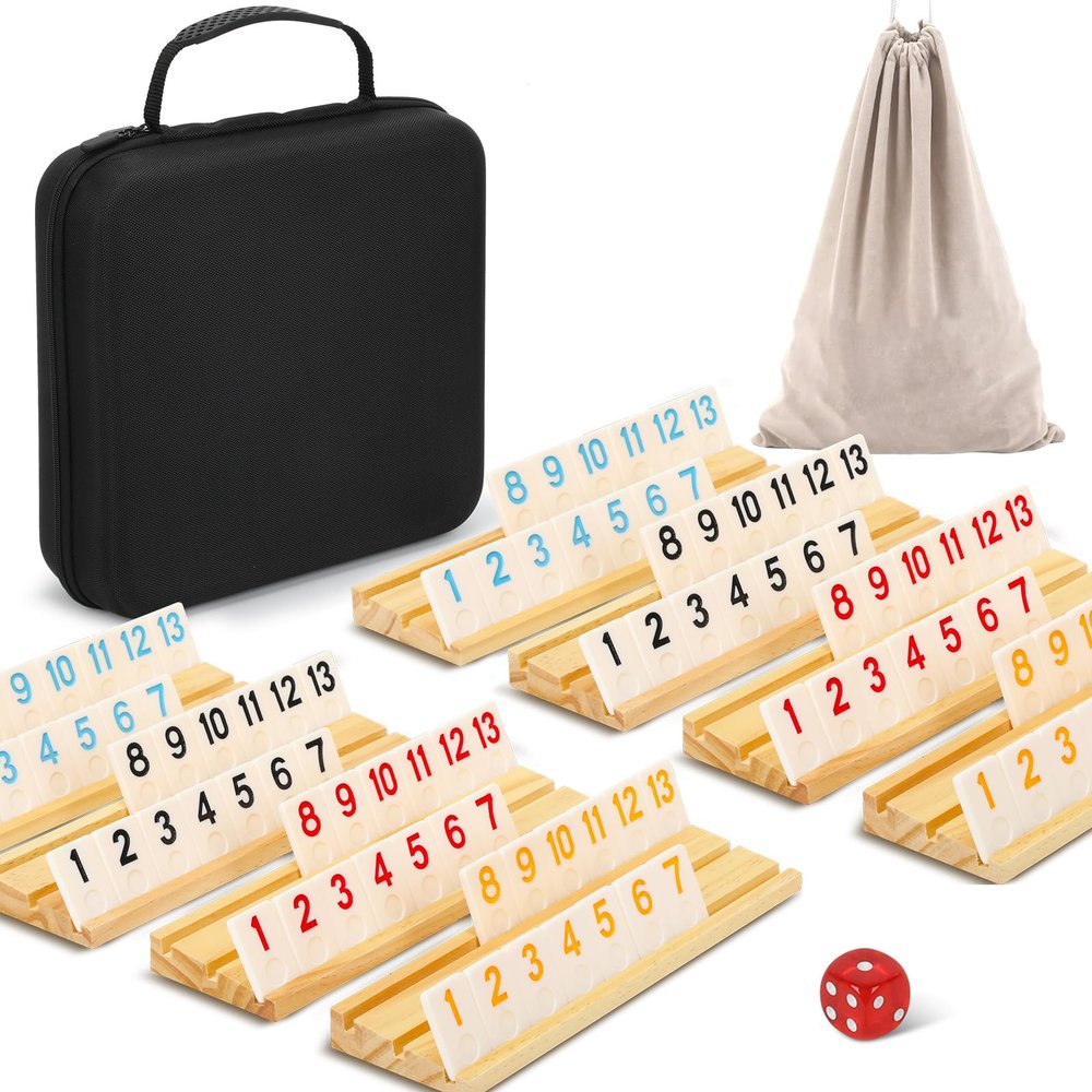 2-8 Players Games Gifts, Rummy Board Game Set, 214 Melamine Tiles, 8 Wooden Racks, Drawstring Bag, Premium Portable Case, Tile Board Games for Adults, Valentines Day Gifts for Men Women Dad Mom