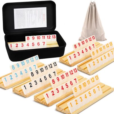 2-6 Players Rummy Game Gifts, Easter Gifts/Easter Basket Stuffers for Adults, Rummy Game W/ 6 Wooden Racks, 160 Melamine Tiles, Drawstring Bag, Portable Case, Family Games for Adults & Kids Age 8+