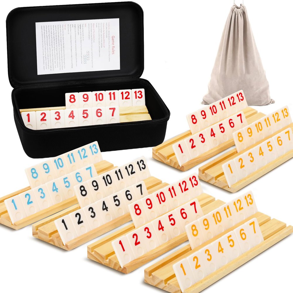 2-6 Players Rummy Game Gifts, Easter Gifts/Easter Basket Stuffers for Adults, Rummy Game W/ 6 Wooden Racks, 160 Melamine Tiles, Drawstring Bag, Portable Case, Family Games for Adults & Kids Age 8+