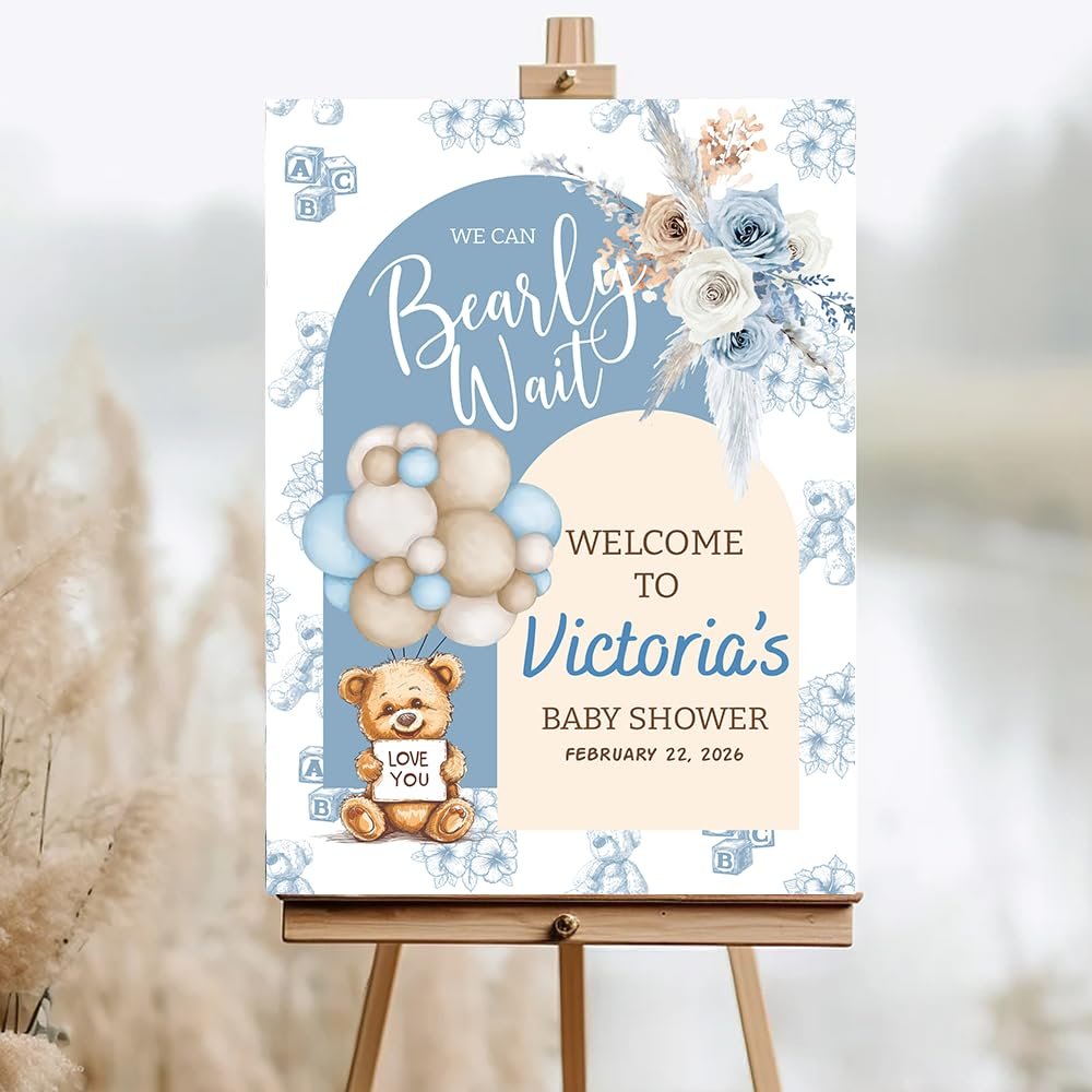 Personalized Baby Shower Welcome Sign,Teddy Bear Baby Shower Welcome Sign, Custom Teddy Bear Poster in Pink or Blue, Cute Yard or Table Decoration for Boy or Girl Celebration, G6