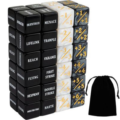 48 Pieces Abilities Keywords Counter Dice Black MTG Dice Counters Bulk Creature Stats Buff Tokens Dice Set for Magic The Gathering, MTG, TCG, Card Games Accessories