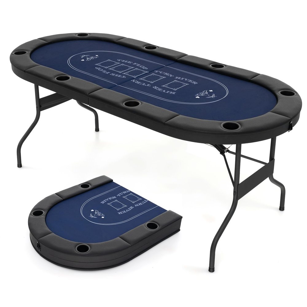 Giantex 8 Player Poker Table Foldable, 72" Portable Folding Texas Holdem Poker Tables w/Padded Rails, Cup Holders, Casino Grade Felt Surface, Oval Card Game Poker Table for Game Room (Black+Blue)