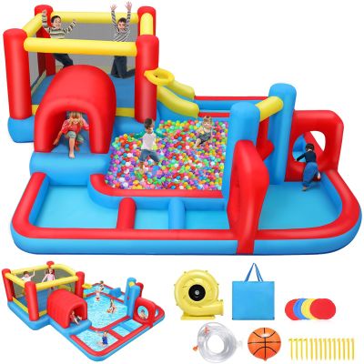 Inflatable Bounce House Water Slide, 14.3x14.3FT Maze Waterpark Obstacle Course w/Jump Area, Splash Pool, Obstacle, Slide, Punching Bag, Basketball Hoop & Tunnel for Kids Backyard Indoor Outdoor