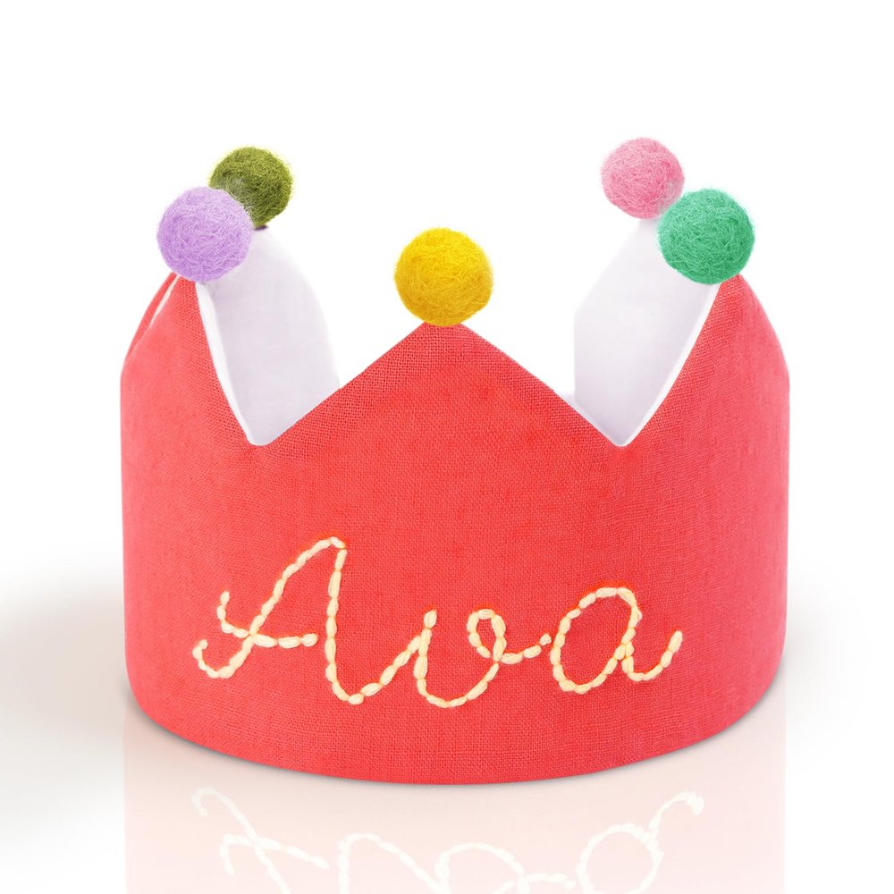 Customize Hand Embroidered Birthday Crown, Personalized Crown Hat for Celebrate Party, Made 100% Natural Fiber Linen, Decored Wool Balls,Souvenir for Kids Baby Birthday, Special Occasions,Fit All Ages
