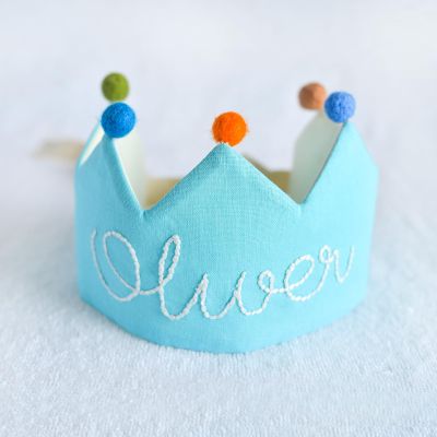 AIKERUBU Customize Hand Embroidered Birthday Crown Hats for Kids Birthday Party, Made 100% Natural Fiber Linen, Decored Wool Balls,Souvenir for Special Occasions,Fit All Ages