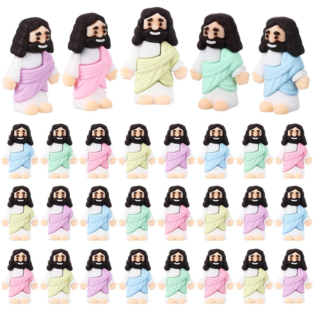 Bememo 25 Pcs Mini Jesus Figurines Bulk Original Design Rubber Mini Jesus Figures to Hide and Seek Religious Gifts Sunday School Baptism Easter Egg Filling(Macaron Color)