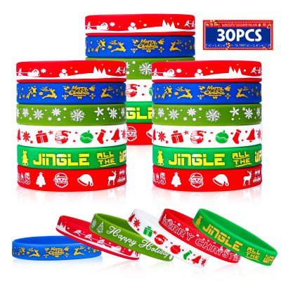Christmas Rubber Bracelets 30 PCS Bulk Christmas Party Favors Stocking Stuffers for Kids Silicone Wristbands Goodie Bags Stuffers Xmas Toys Student Gifts Party Supplies Decorations Classroom Prizes
