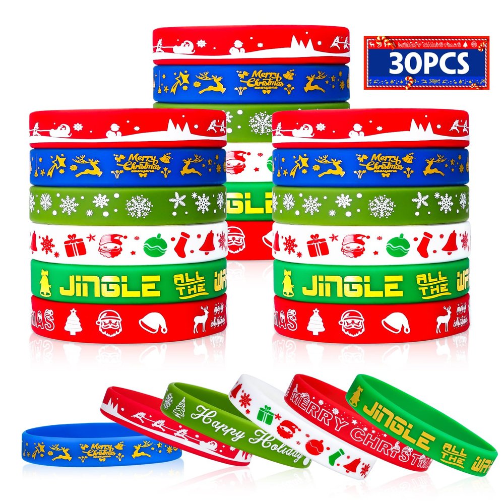 Christmas Rubber Bracelets 30 PCS Bulk Christmas Party Favors Stocking Stuffers for Kids Silicone Wristbands Goodie Bags Stuffers Xmas Toys Student Gifts Party Supplies Decorations Classroom Prizes
