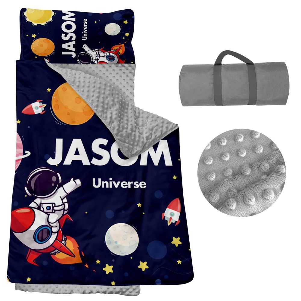 Personalized Nap Mats for Daycare - Kids Nap Mat with Pillow and Blanket for Preschool Kindergarten Custom Name Space Toddler Sleeping Bag for Boys, Thick Padded Easy Roll Up Universe