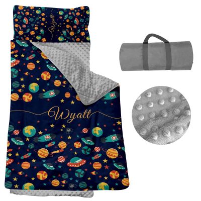 Personalized Nap Mats for Daycare - Kids Nap Mat with Pillow and Blanket for Preschool Kindergarten Custom Name Space Toddler Sleeping Bag for Boys, Thick Padded Easy Roll Up Cosmos