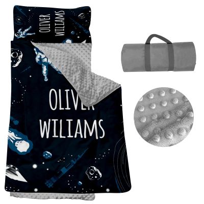 Personalized Nap Mats for Daycare - Kids Nap Mat with Pillow and Blanket for Preschool Kindergarten Custom Name Space Toddler Sleeping Bag for Boys, Thick Padded Easy Roll Up Cosmonaut