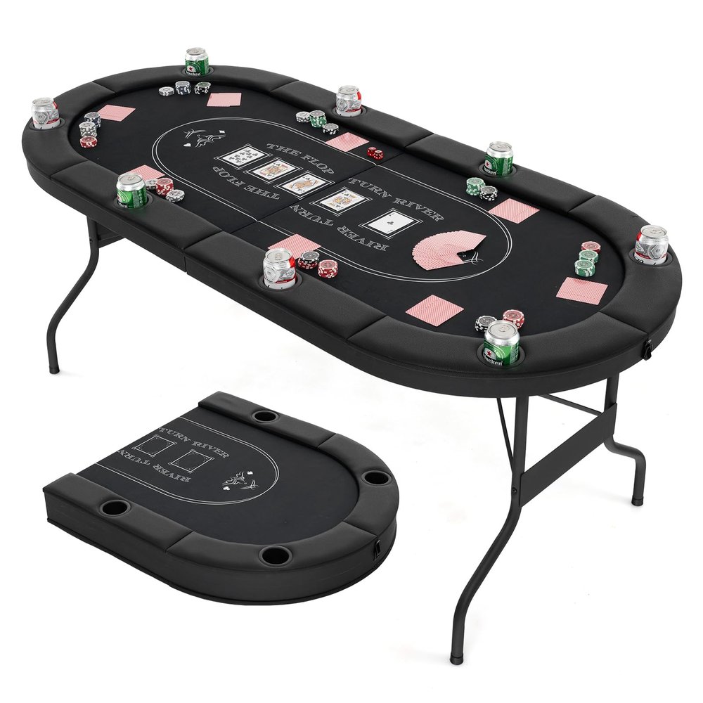 Goplus 72 Poker Table Foldable, 8 Players Card Board Game Table w/Deep Metal Cup Holders, Casino Grade Felt, Portable Folding Oval Blackjack Table for Texas Holdem, No Assembly Required (Black)