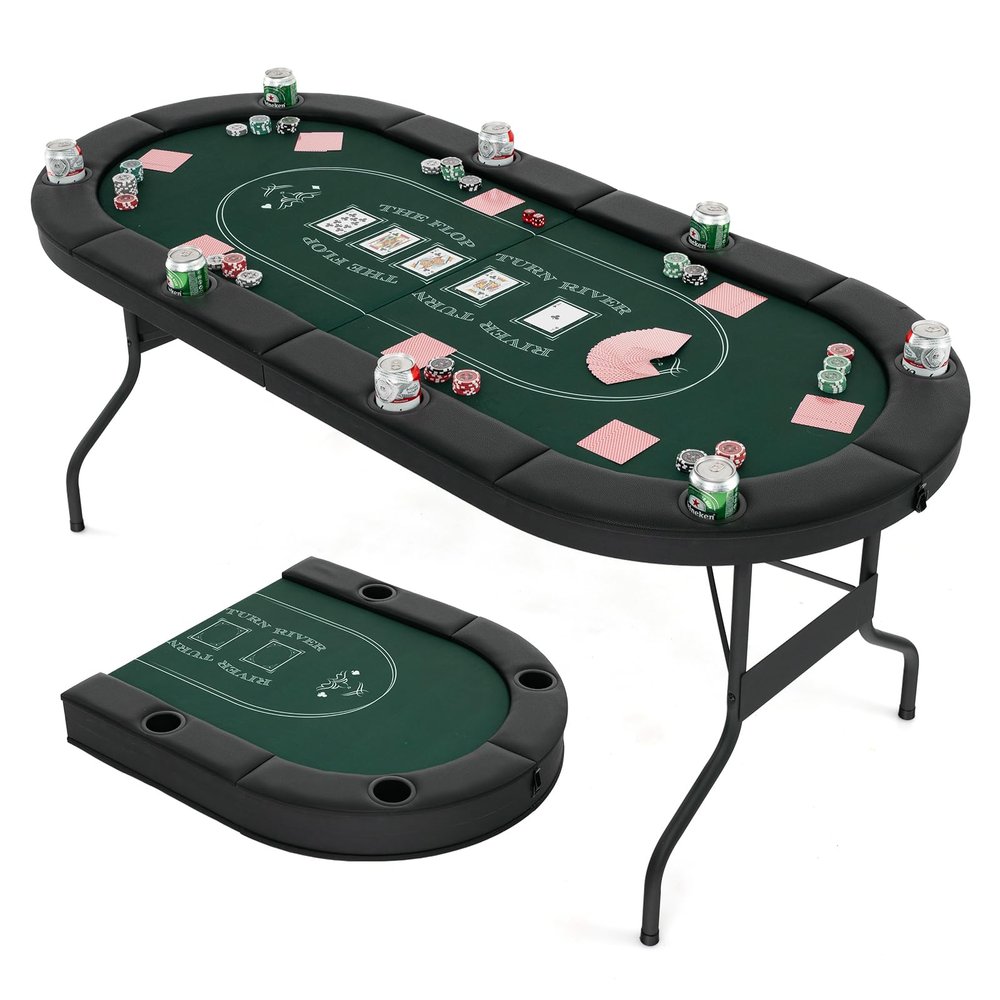 Goplus 72 Poker Table Foldable, 8 Players Card Board Game Table w/Deep Metal Cup Holders, Casino Grade Felt, Portable Folding Oval Blackjack Table for Texas Holdem, No Assembly Required (Green)