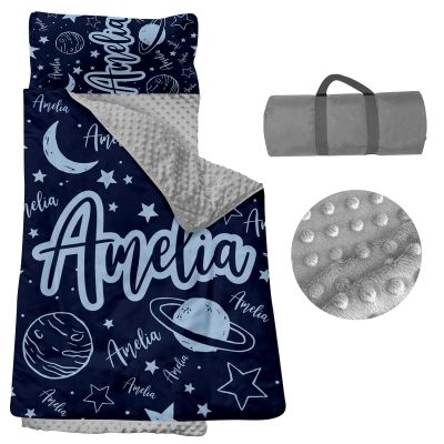 Personalized Nap Mats for Daycare - Kids Nap Mat with Pillow and Blanket for Preschool Kindergarten Custom Name Space Toddler Sleeping Bag for Boys, Thick Padded Easy Roll Up Star