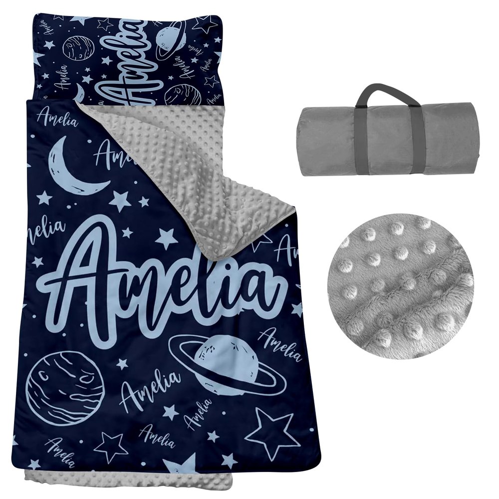 Personalized Nap Mats for Daycare - Kids Nap Mat with Pillow and Blanket for Preschool Kindergarten Custom Name Space Toddler Sleeping Bag for Boys, Thick Padded Easy Roll Up Star