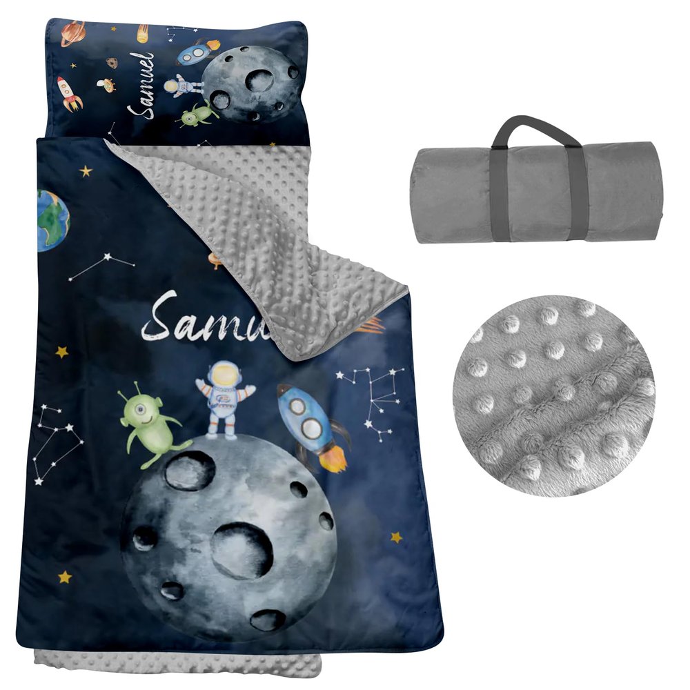 Personalized Nap Mats for Daycare - Kids Nap Mat with Pillow and Blanket for Preschool Kindergarten Custom Name Outer Space Toddler Sleeping Bag for Boys, Thick Padded Easy Roll Up