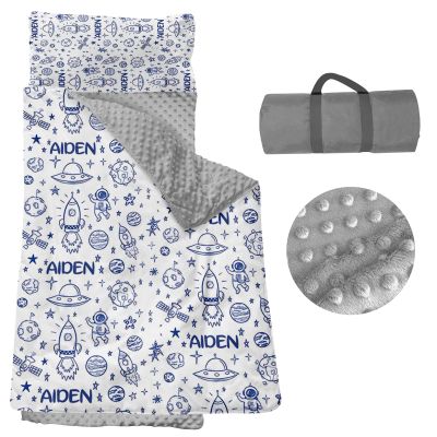Personalized Nap Mats for Daycare - Kids Nap Mat with Pillow and Blanket for Preschool Kindergarten Custom Name Space Toddler Sleeping Bag for Boys, Thick Padded Easy Roll Up Satellite