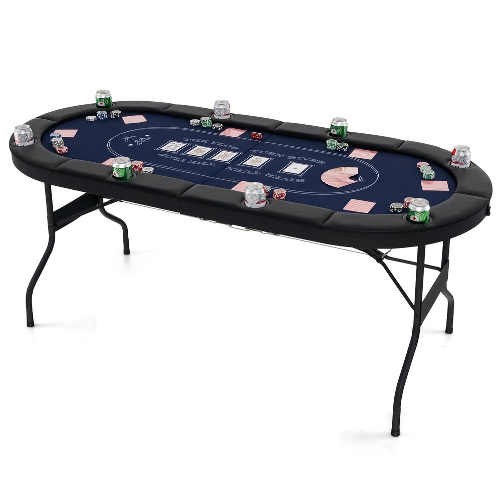GYMAX Poker Table Foldable 8-Player Texas Holdem with Metal Cup Holders, Casino Grade Felt & Padded Rails, Portable Folding Poker Table for Leisure Game, Home, Game Rooms
