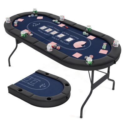 Goplus 72 Poker Table Foldable, 8 Players Card Board Game Table w/Deep Metal Cup Holders, Casino Grade Felt, Portable Folding Oval Blackjack Table for Texas Holdem, No Assembly Required (Blue)