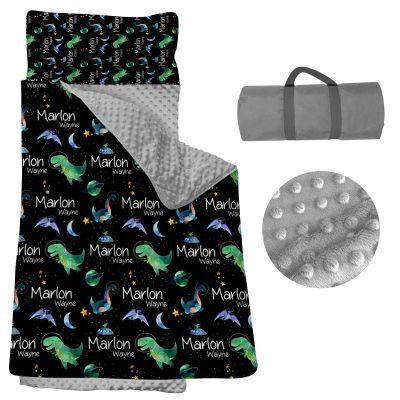 Personalized Nap Mats for Daycare - Kids Nap Mat with Pillow and Blanket for Preschool Kindergarten Custom Name Space Toddler Sleeping Bag for Boys, Thick Padded Easy Roll Up Moon