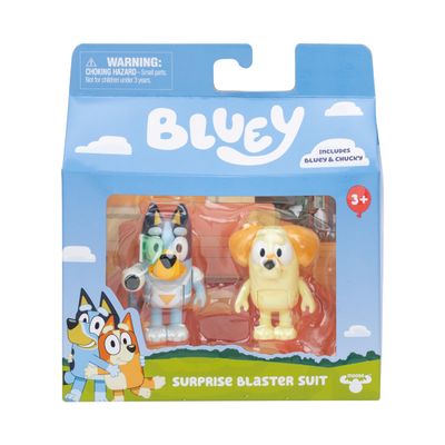 Bluey Surprise Blaster Suit Action Figure Set of 2, Articulated Character Toys with Neighbour Chucky Figurine, Small Action Figures for Kids Ages 3+