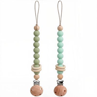 2Pcs Silicone Pacifier Clip with Natural Wooden Rings, Green Pacifier Holder Binky Clips for Baby Girl and Boys (Green)