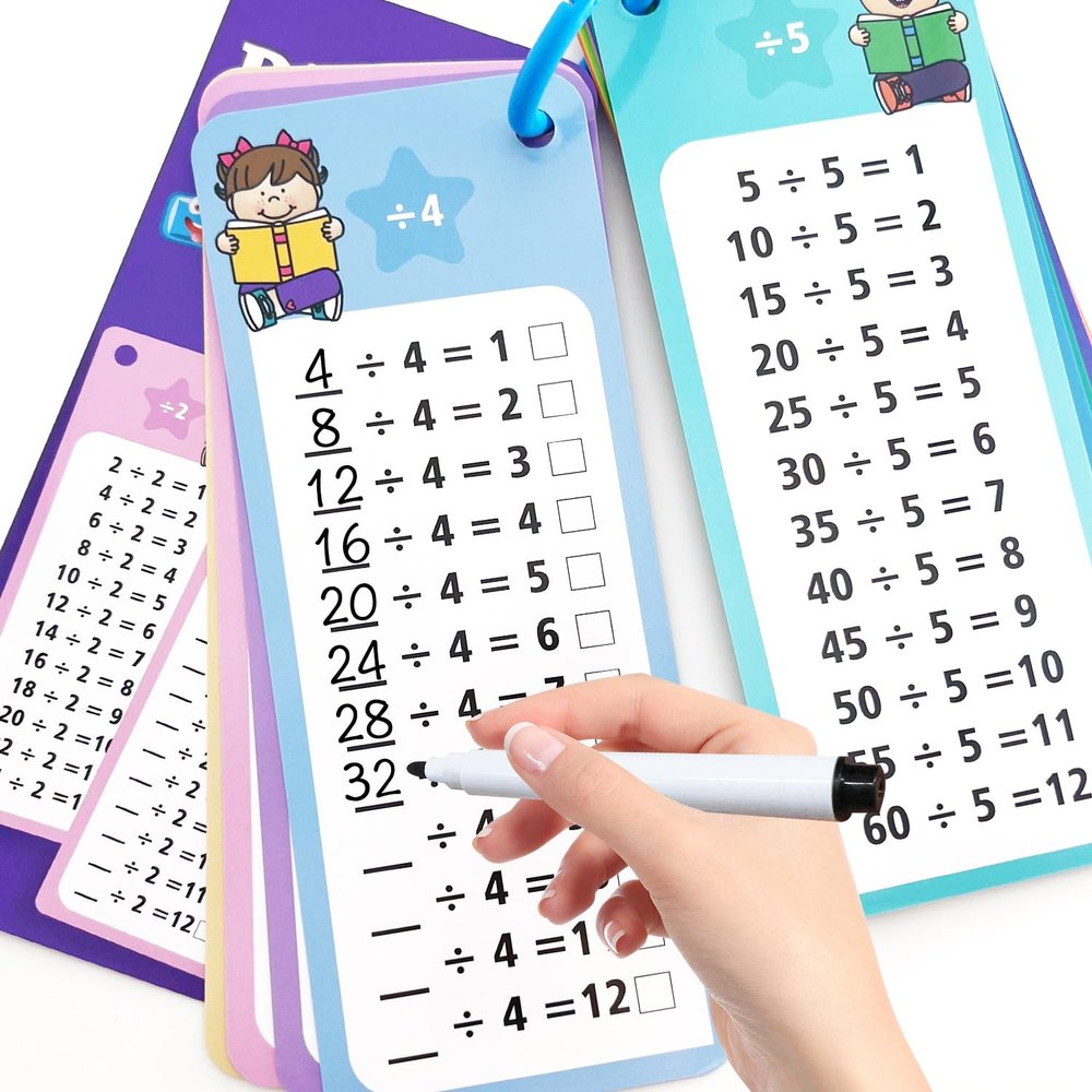 Anemeeoke 1-12 Division Flash Cards, Large Math Table Flashcards, Including 15 Cards, 2 Dry Erase Markers, 1 Rings, Educational Times Table Flashcards for Classroom Home, for 1st to 3rd Grades