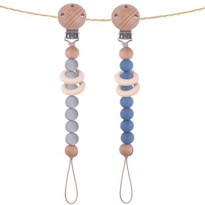 2Pcs Silicone Pacifier Clip with Natural Wooden Rings, Grey and Blue Pacifier Holder Binky Clips for Baby Boys (Blue)